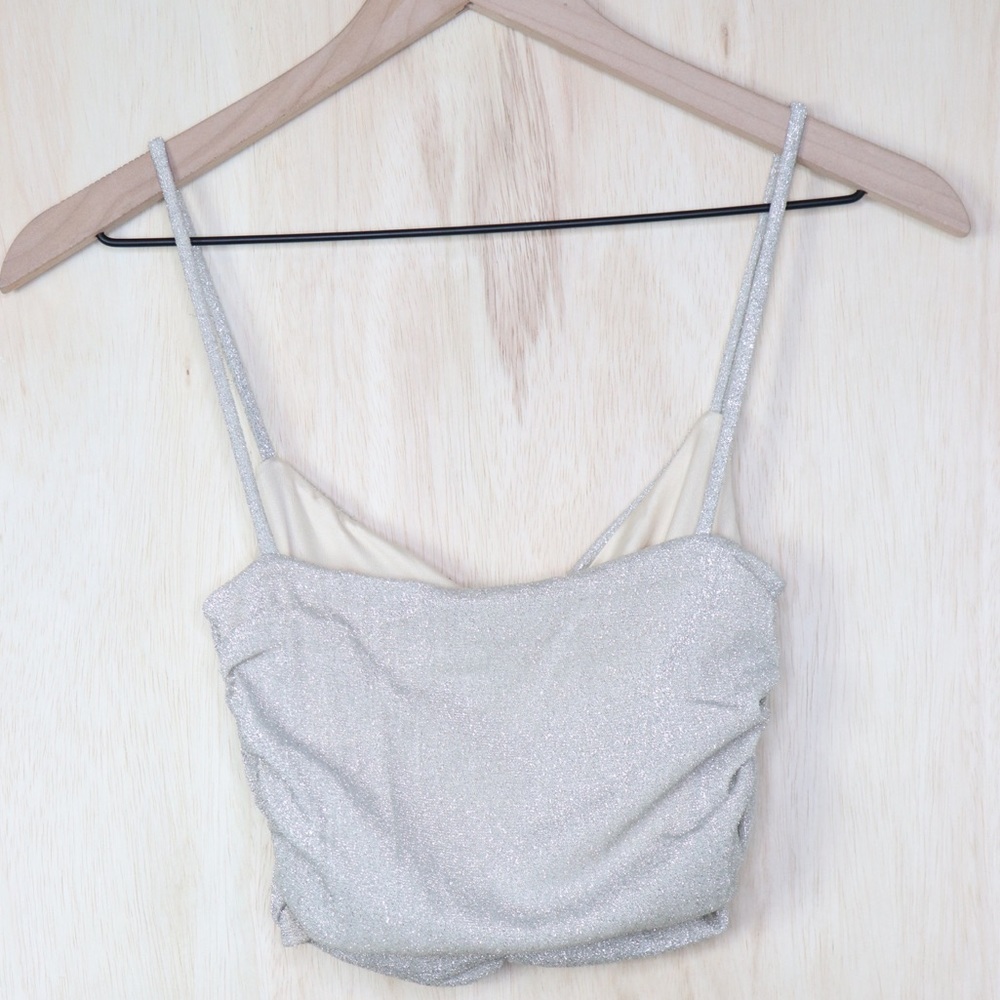 PRINCESS POLLY Gigi Glitter Ruched Crop Top Champagne Size 2 - Picture 3 of 4